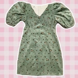 Peling Corduroy Green Floral Fairycore Cottagecore Puff Sleeve Dress Small